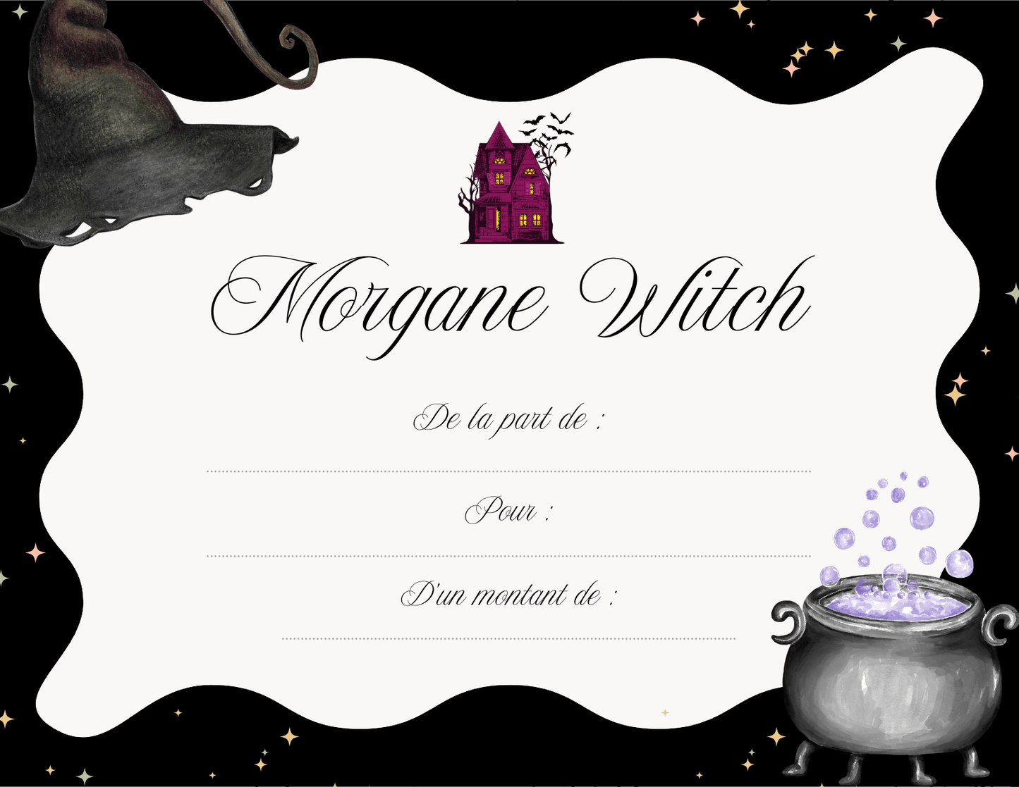 E-carte cadeau Morgane Witch avec motifs mystiques et espace pour le nom et montant.