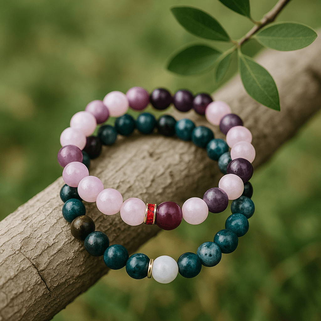 Couple bracelets with pink and green beads symbolizing love and fidelity, resting on a natural surface.