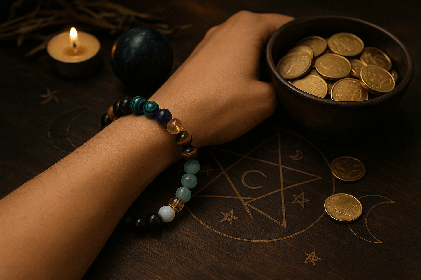 Bracelet Abondance et Chance en Pierre porté sur un poignet, avec des pièces dorées et une bougie à l'arrière-plan.