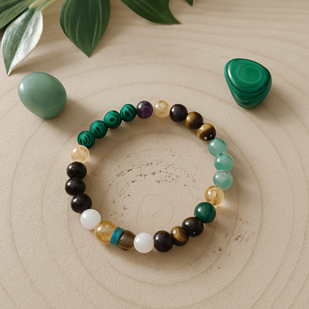 Bracelet Abondance et Chance en Pierre avec pierres variées sur fond de bois et plantes.
