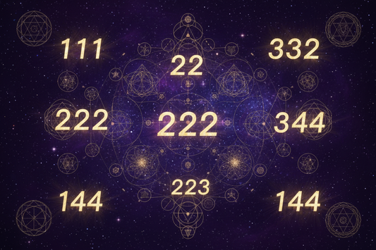 nombres répétitifs 111 222 333 444 en lumière dorée sur fond cosmique violet - numérologie spirituelle