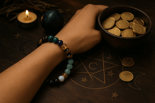 Bracelet Abondance et Chance en Pierre porté sur un poignet, avec des pièces dorées et une bougie à l'arrière-plan.