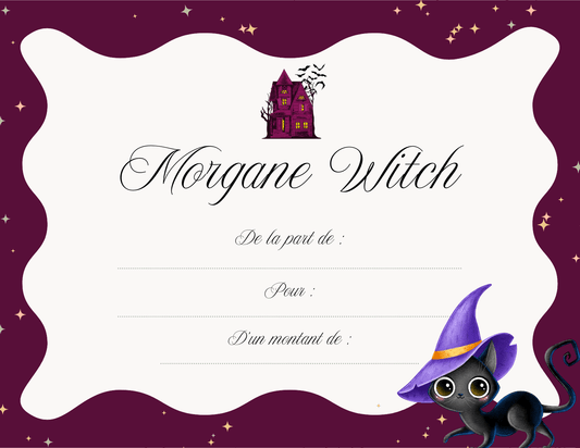 E-carte cadeau Morgane Witch avec un chat noir, conçue pour les services ésotériques et spirituels.
