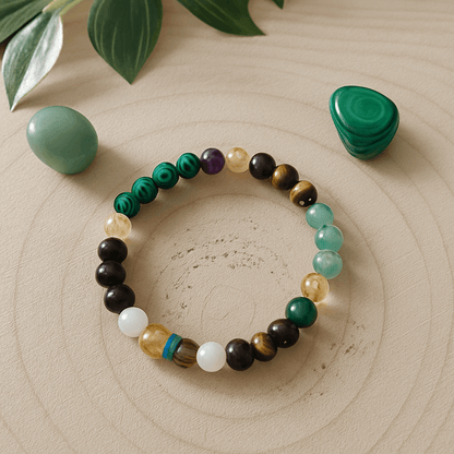 Bracelet Abondance et Chance en Pierre avec pierres variées sur fond de bois et plantes.